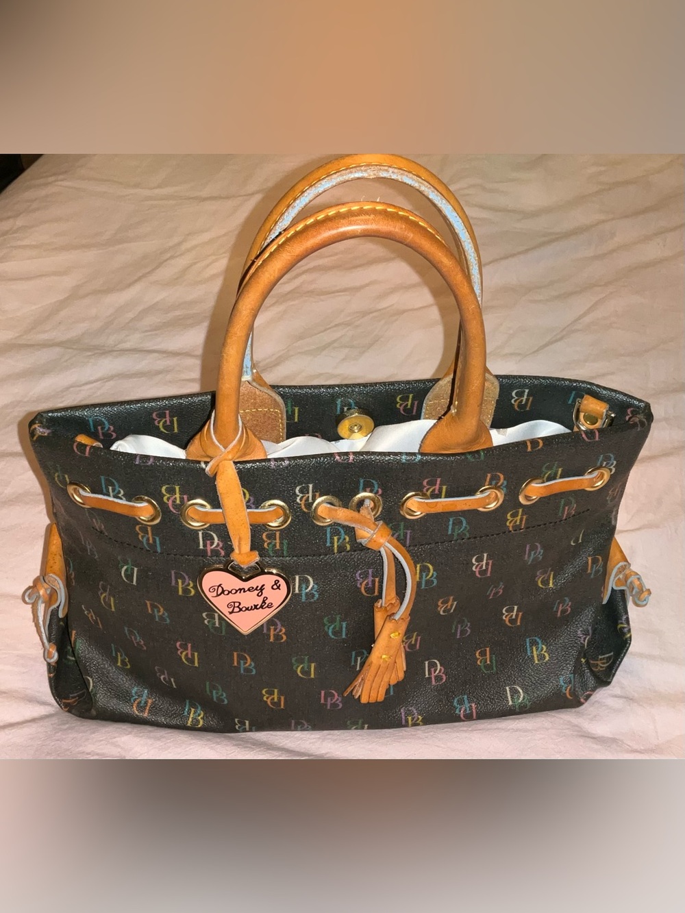 Dooney & Bourke Monogram Tote in Black & tan leather - Picture 1 of 5